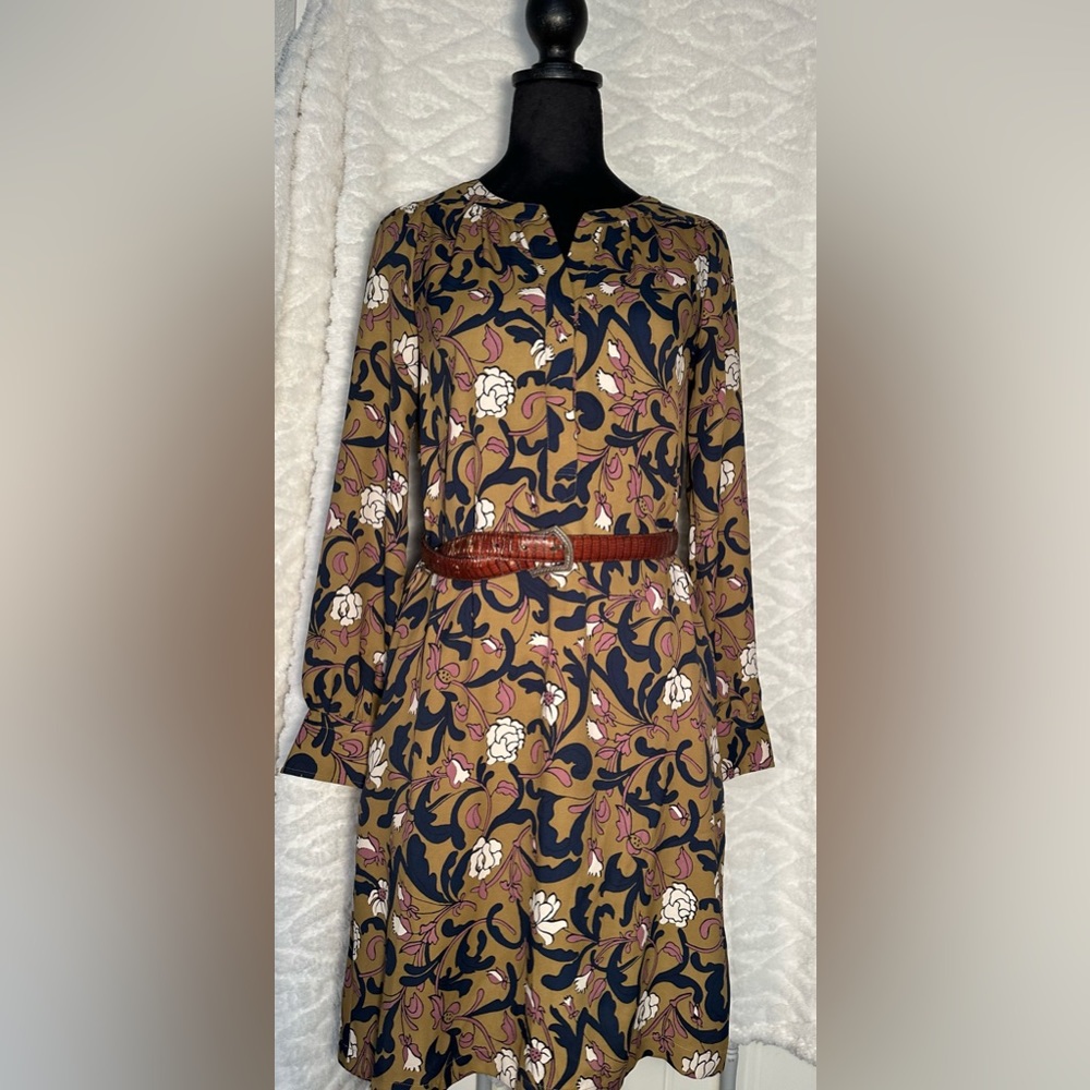 LOFT Green Navy Floral Dress Long Sleeve Pockets Womens Size XS